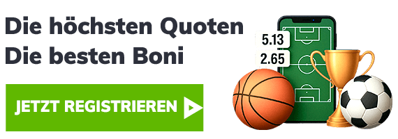 Sportbälle und goldener Pokal vor grüner Spielfeldgrafik mit Wettquoten