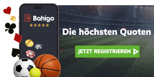 Smartphone mit Bahigo Logo Sportbällen und Spielsymbolen im Stadionhintergrund